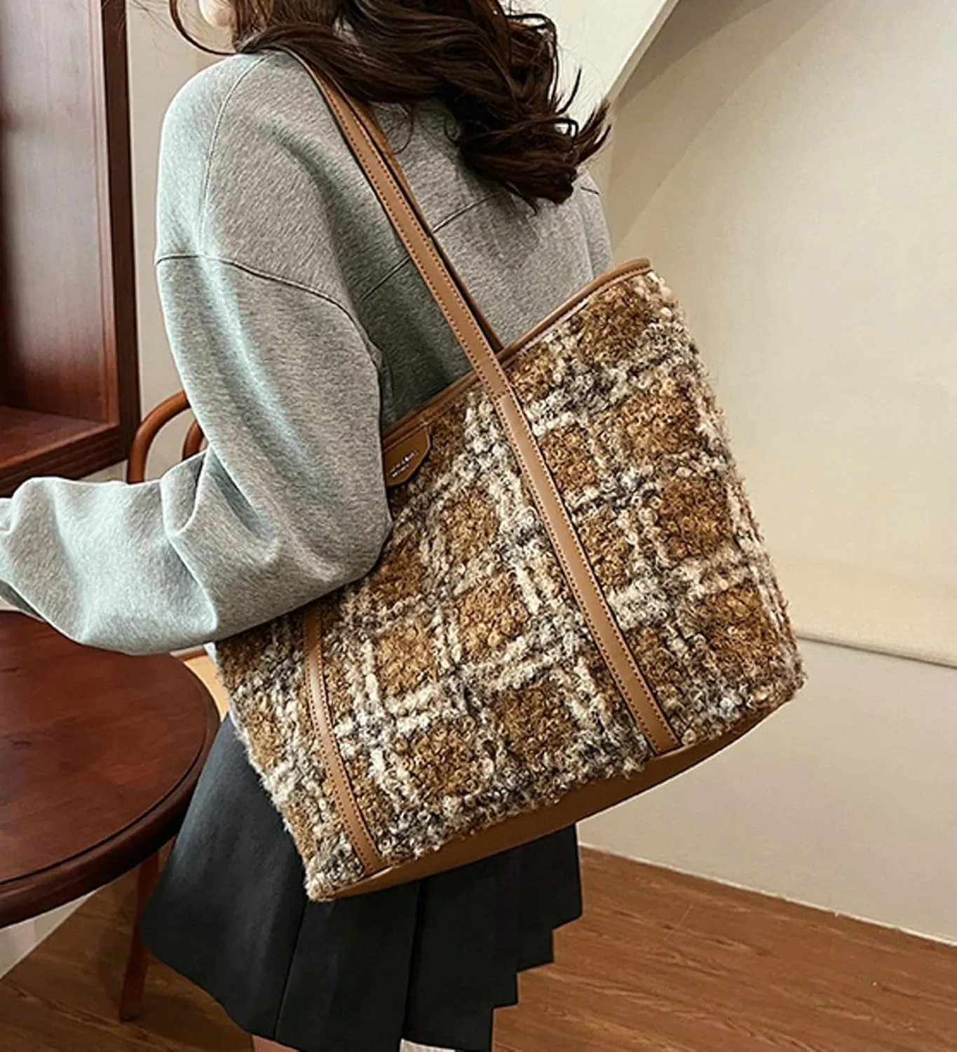 Plaid Woolen Tote Bag Women 2024 Commuter Shoulder Bag PU Strap Autumn Winter Purse Zip Closure Work Daily Use Travel