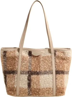 Plaid Woolen Tote Bag Women 2024 Commuter Shoulder Bag PU Strap Autumn Winter Purse Zip Closure Work Daily Use Travel