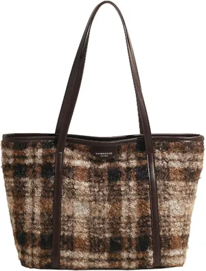 Plaid Woolen Tote Bag Women 2024 Commuter Shoulder Bag PU Strap Autumn Winter Purse Zip Closure Work Daily Use Travel