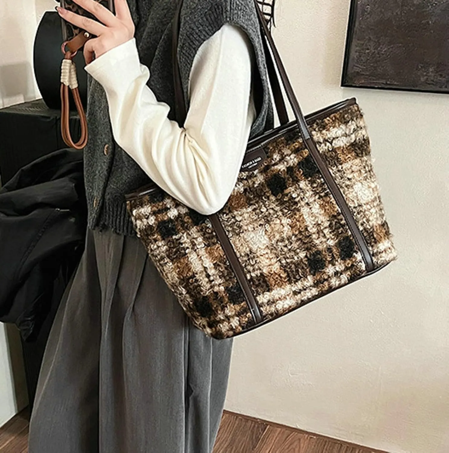 Plaid Woolen Tote Bag Women 2024 Commuter Shoulder Bag PU Strap Autumn Winter Purse Zip Closure Work Daily Use Travel