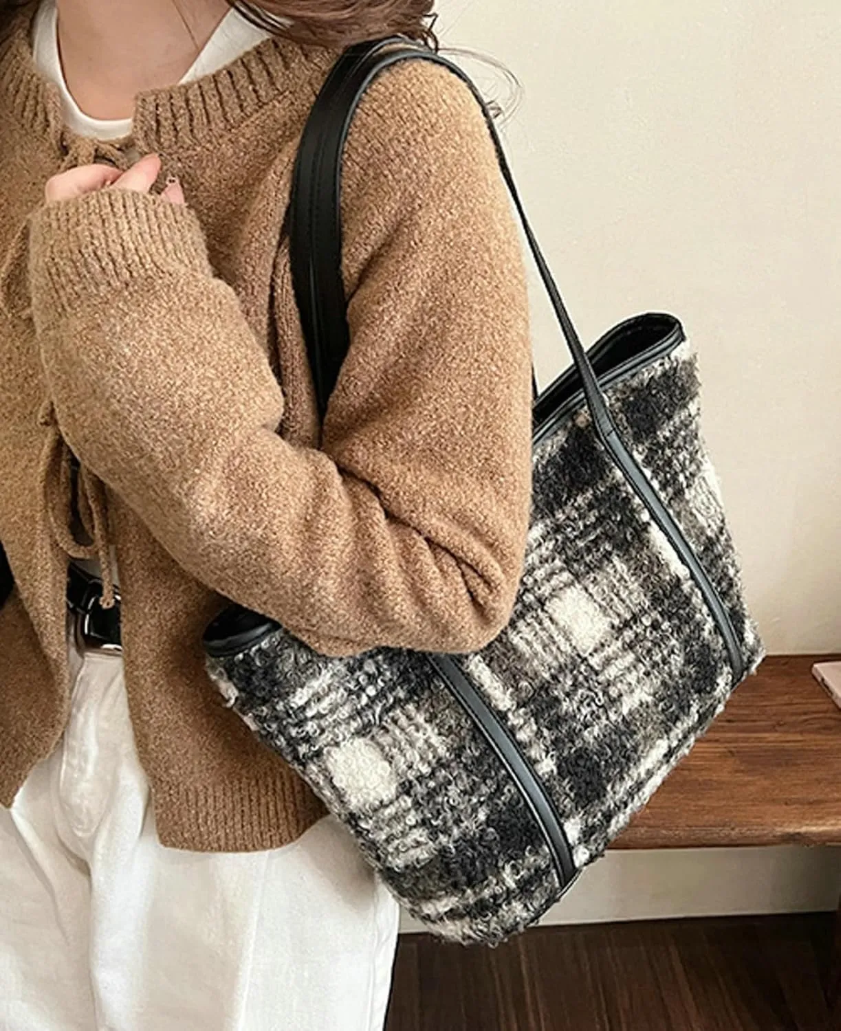 Plaid Woolen Tote Bag Women 2024 Commuter Shoulder Bag PU Strap Autumn Winter Purse Zip Closure Work Daily Use Travel