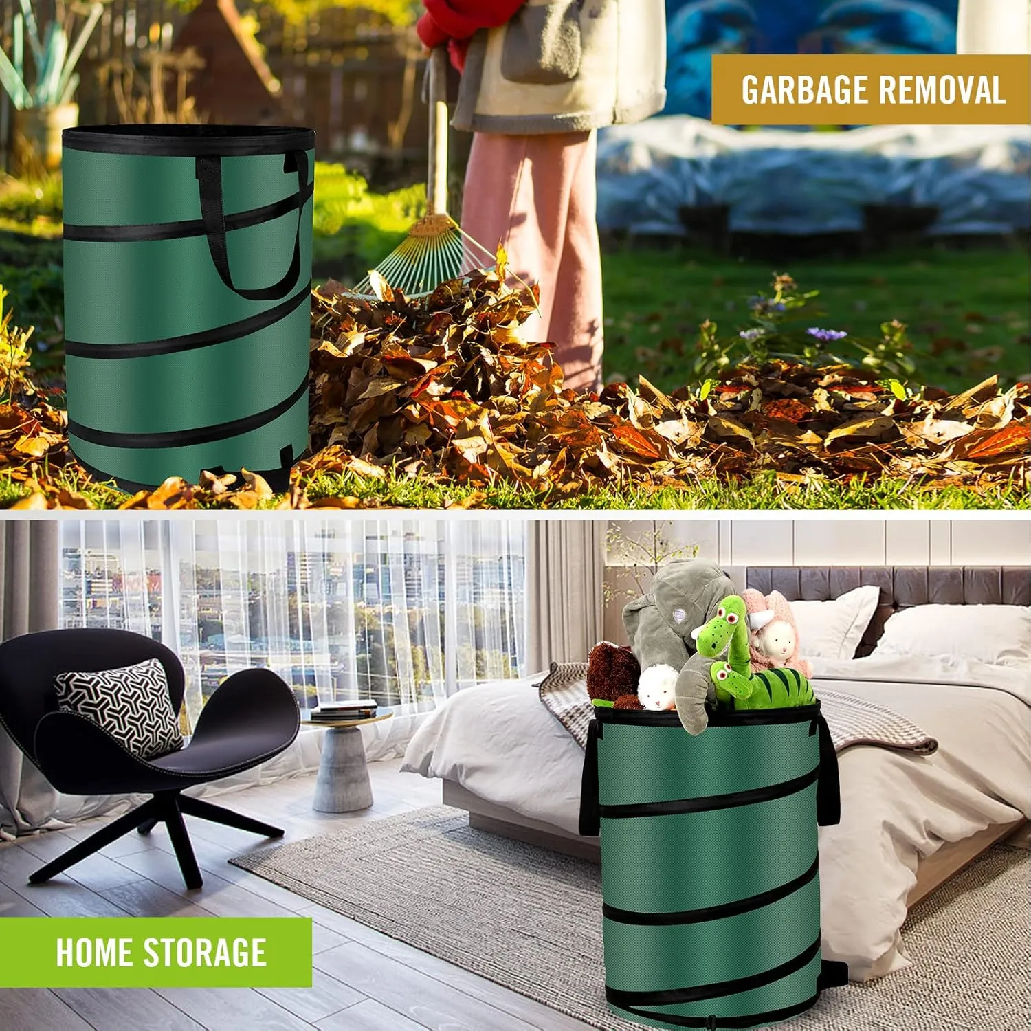 Pop Up Trash Can and Recycling Bins, 14x16 in, Collapsible Camping, Outdoor, 600D Waterproof Oxford Cloth Reusable Yard Waste Bags (2Pcs-10 Gallons)