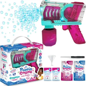 PoppinColorz Cozmic Light-Up Color Bubbles Blaster with 1 Pink, 1 Blue and 2 Clear Bubble Solutions Made in The USA - No Dipping Necessary - Easy Click Trigger for Small Hands