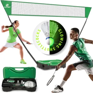 Portable Badminton Net Set with Storage Base, Rackets Lightning Shuttlecocks Combo Set for Family & Kids, Easy Setup for Backyard Training, Beach, Park, Picnic Games