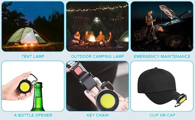 Portable COB Flashlights with 2 Compressed Towels, Travel Camping Bundle, Rechargeable Keychain Lighting Lamp 800 Lumens, 4 Light Modes with Folding Bracket Bottle Opener and Magnet Base