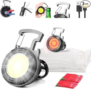 Portable COB Flashlights with 2 Compressed Towels, Travel Camping Bundle, Rechargeable Keychain Lighting Lamp 800 Lumens, 4 Light Modes with Folding Bracket Bottle Opener and Magnet Base