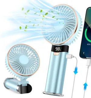 Portable Handheld Fan, 4 in 1 5200mAh USB Rechargeable Foldable Personal Hand Held Fan with Metal Handle, Power Bank, LED Display, 6 Speeds for Travel/Summer/Concerts/Lash