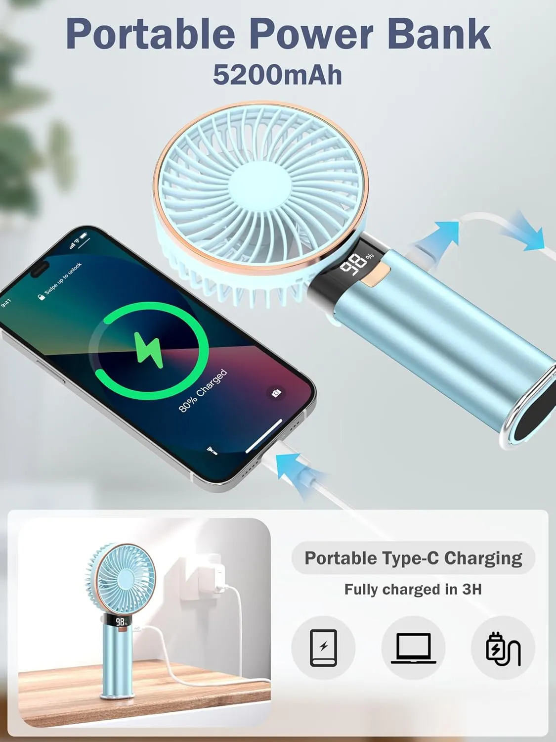 Portable Handheld Fan, 4 in 1 5200mAh USB Rechargeable Foldable Personal Hand Held Fan with Metal Handle, Power Bank, LED Display, 6 Speeds for Travel/Summer/Concerts/Lash