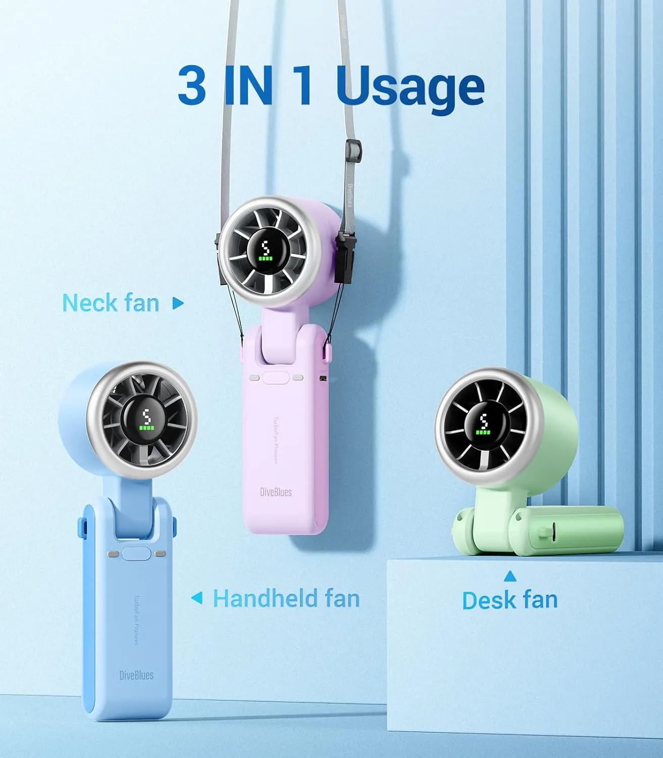 Portable Handheld Turbo Fan, 5 Gear Wind, Battery Operated, Up to 12 Working Hours, 3 IN 1 Hand Fan with Air Turbo Tech Cooling Fan for Outdoor Activities, Travel, Working