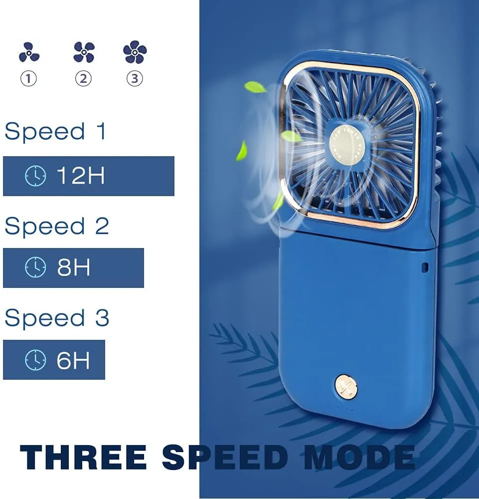 Portable Mini Fan - 5 in 1 with Power Bank, Phone Holder, Handheld & Desk Fan - USB Rechargeable, 3000mAh Power Bank, 3 Speed Adjustable, Neck Lanyard, Blue