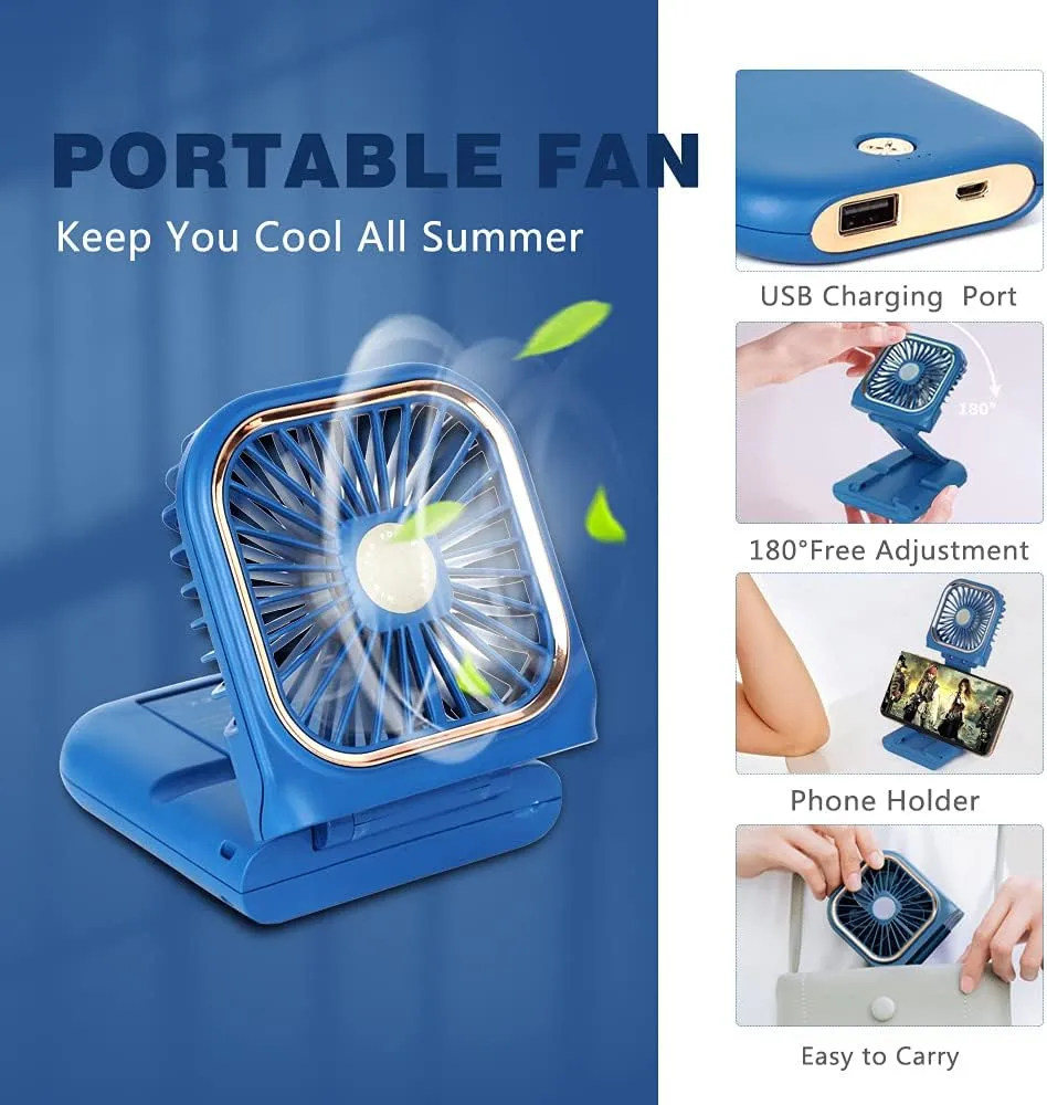 Portable Mini Fan - 5 in 1 with Power Bank, Phone Holder, Handheld & Desk Fan - USB Rechargeable, 3000mAh Power Bank, 3 Speed Adjustable, Neck Lanyard, Blue