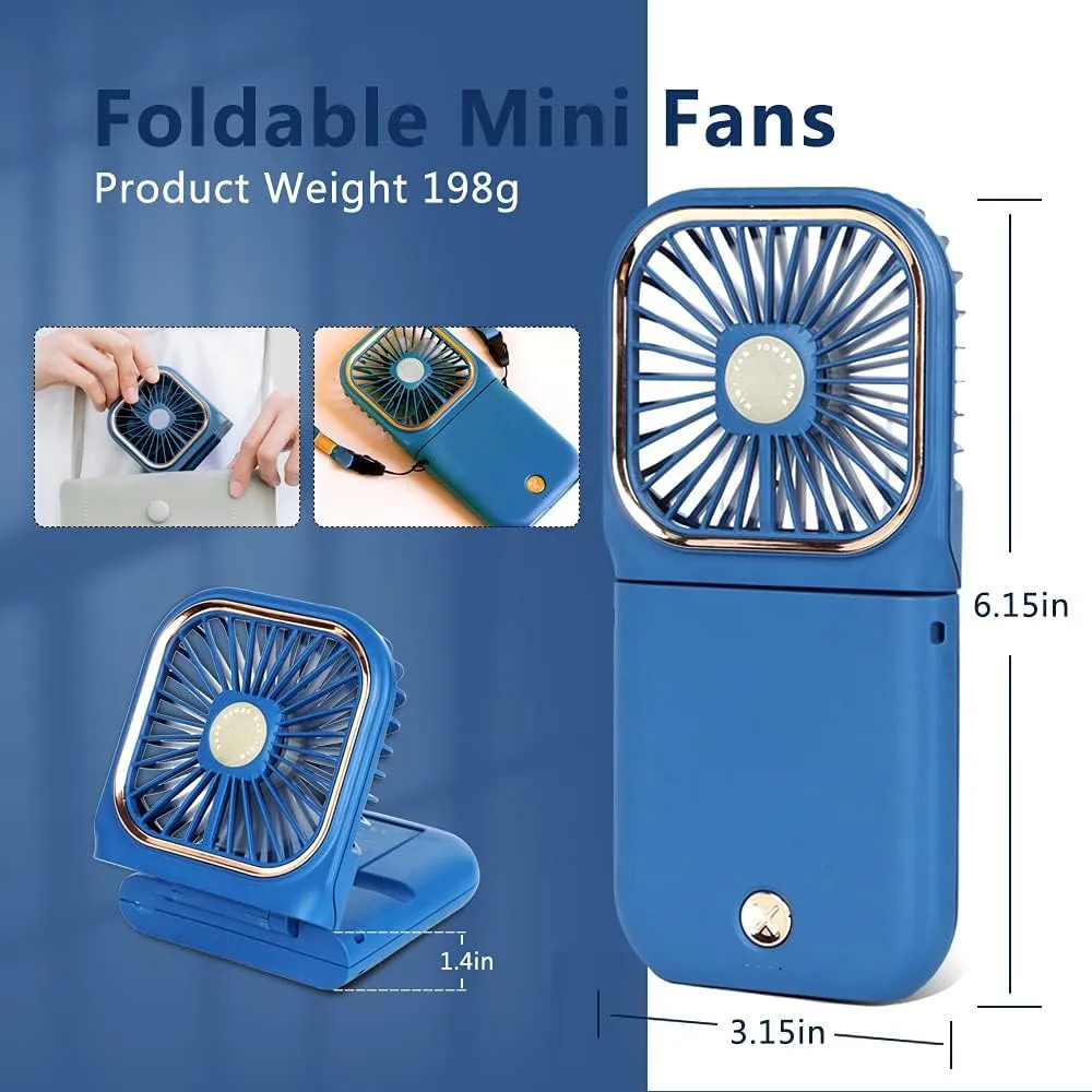Portable Mini Fan - 5 in 1 with Power Bank, Phone Holder, Handheld & Desk Fan - USB Rechargeable, 3000mAh Power Bank, 3 Speed Adjustable, Neck Lanyard, Blue