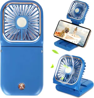 Portable Mini Fan - 5 in 1 with Power Bank, Phone Holder, Handheld & Desk Fan - USB Rechargeable, 3000mAh Power Bank, 3 Speed Adjustable, Neck Lanyard, Blue