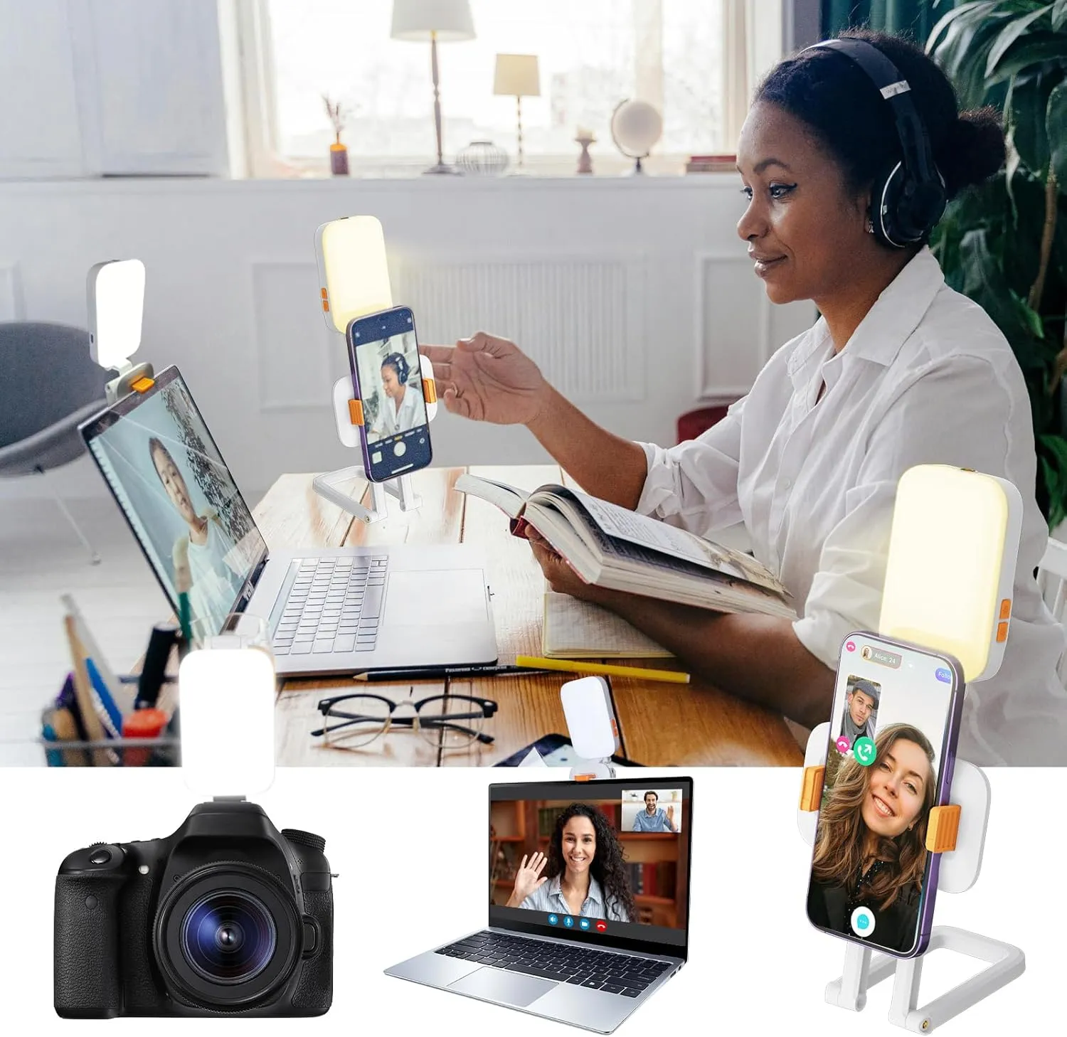 Portable Video Conference Light for iPhone | Clip & Ring Light for Phones – Selfie, Makeup & Video Recording Lighting, Built-in Stand, Rechargeable, 77 LEDs, Work from Home Desk Essentials