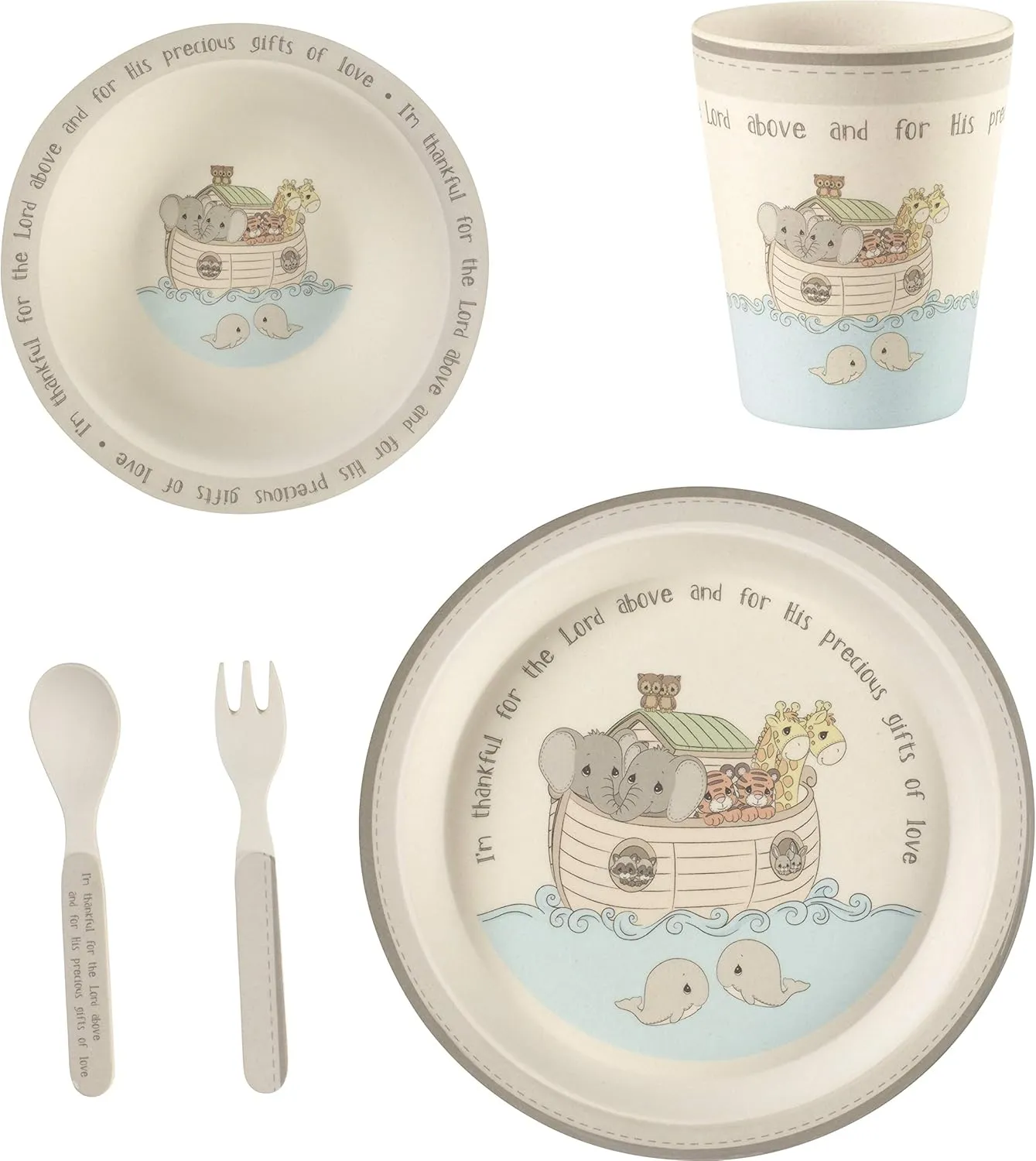Precious Moments Noah's Ark Bamboo Toddler Mealtime Feeding and Dinnerware Set of 5, 182433