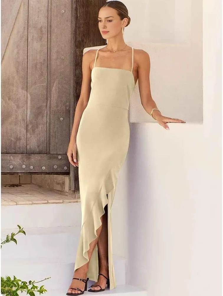 Prom Dress 2024 Bodycon Floor Length Mermaid Formal Evening Dress for Women with Ruffle Side Split