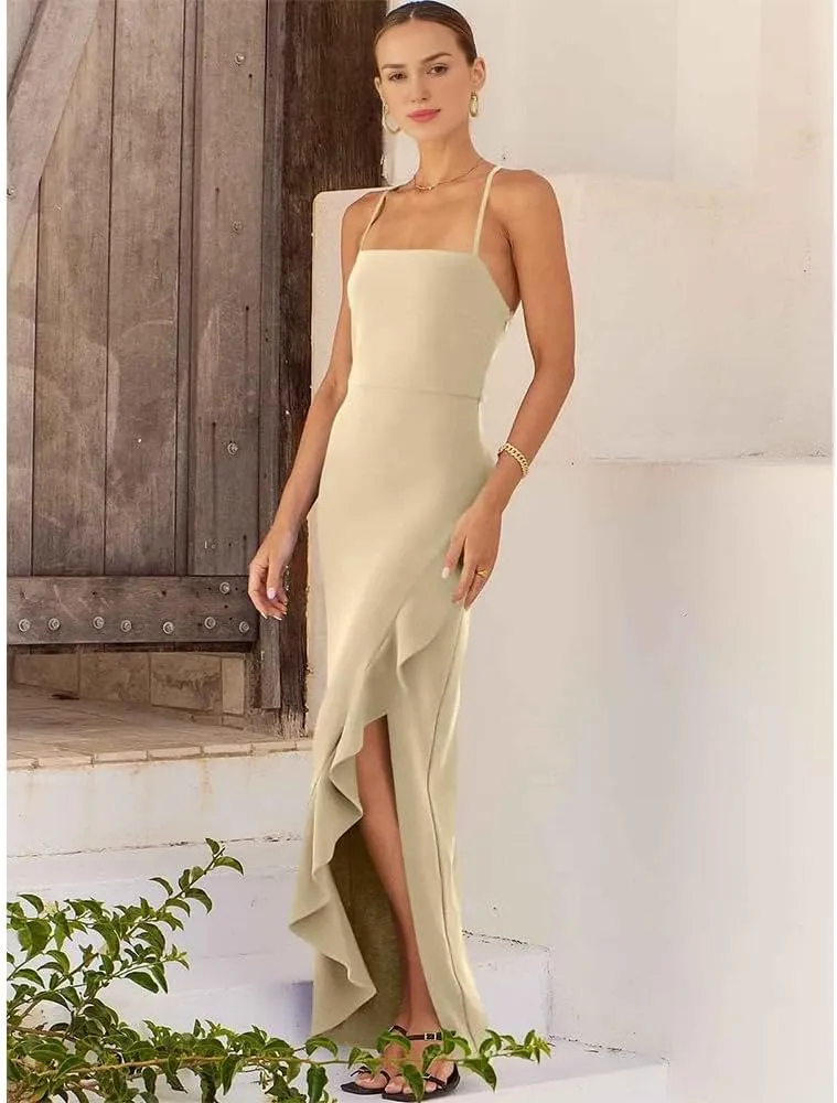 Prom Dress 2024 Bodycon Floor Length Mermaid Formal Evening Dress for Women with Ruffle Side Split