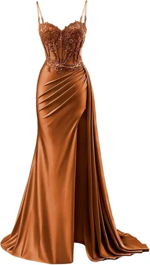 Prom Dresses 2025 for Women Corset Mermaid Spaghetti Strap Lace Applique Satin Evening Formal Ball Gown with Slit