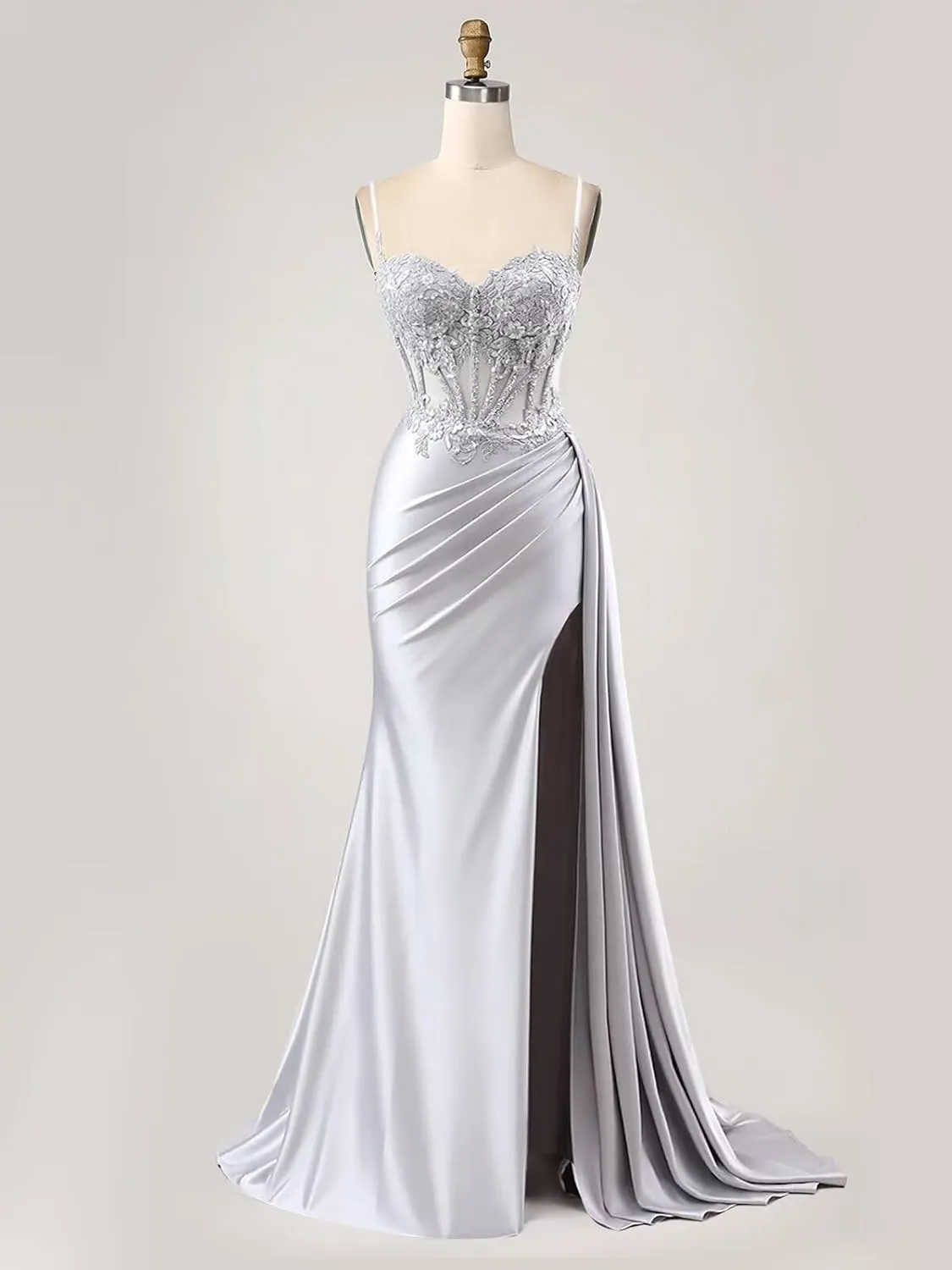Prom Dresses 2025 for Women Corset Mermaid Spaghetti Strap Lace Applique Satin Evening Formal Ball Gown with Slit