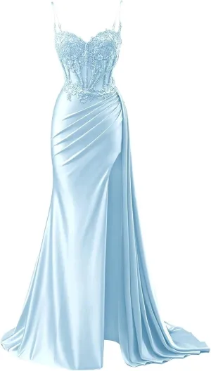Prom Dresses 2025 for Women Corset Mermaid Spaghetti Strap Lace Applique Satin Evening Formal Ball Gown with Slit