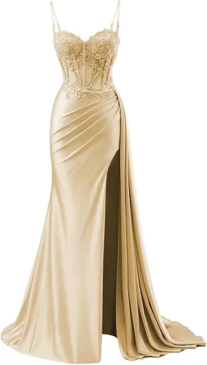 Prom Dresses 2025 for Women Corset Mermaid Spaghetti Strap Lace Applique Satin Evening Formal Ball Gown with Slit