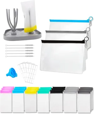 Protein Powder Travel Container Set, 21 Pcs Reusable Single Dose Bags and 3 Pcs Large Zip up Bags with Funnel, Drain Rack, Small Brushes and Sheet Labels for Fitness, Travel, Business Trip