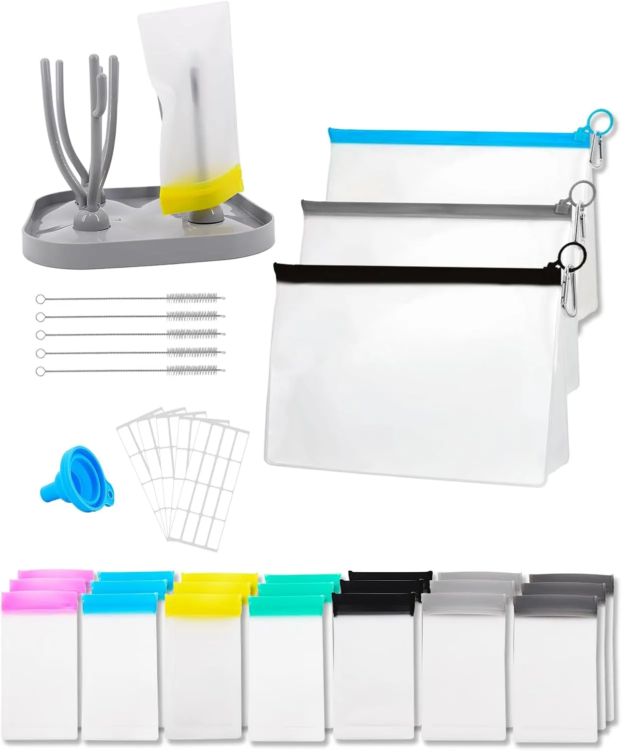 Protein Powder Travel Container Set, 21 Pcs Reusable Single Dose Bags and 3 Pcs Large Zip up Bags with Funnel, Drain Rack, Small Brushes and Sheet Labels for Fitness, Travel, Business Trip