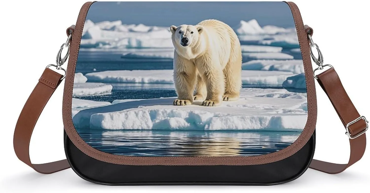 PU Leather Crossbody Bag Polar Bear on Ice Floe Print Flapover Tote Bag Shoulder Handbag Purse for Women with Adjustable Strap