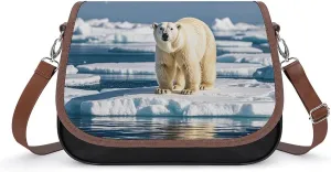 PU Leather Crossbody Bag Polar Bear on Ice Floe Print Flapover Tote Bag Shoulder Handbag Purse for Women with Adjustable Strap