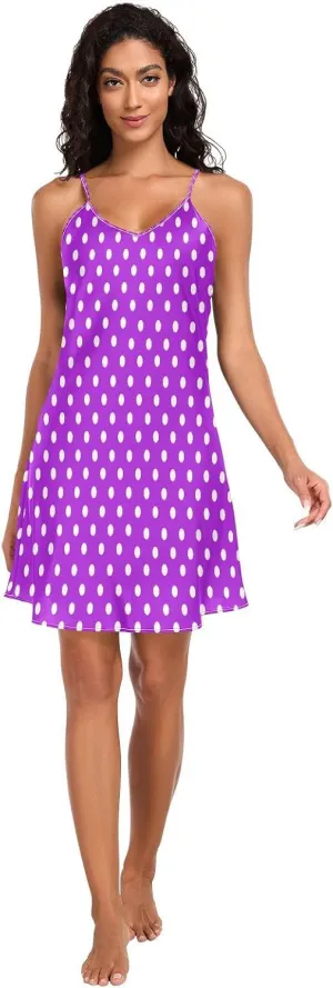 Purple Polka Dots Women's Satin Slip Dress, V Neck Sleeveless Night Shirts for Women, Small