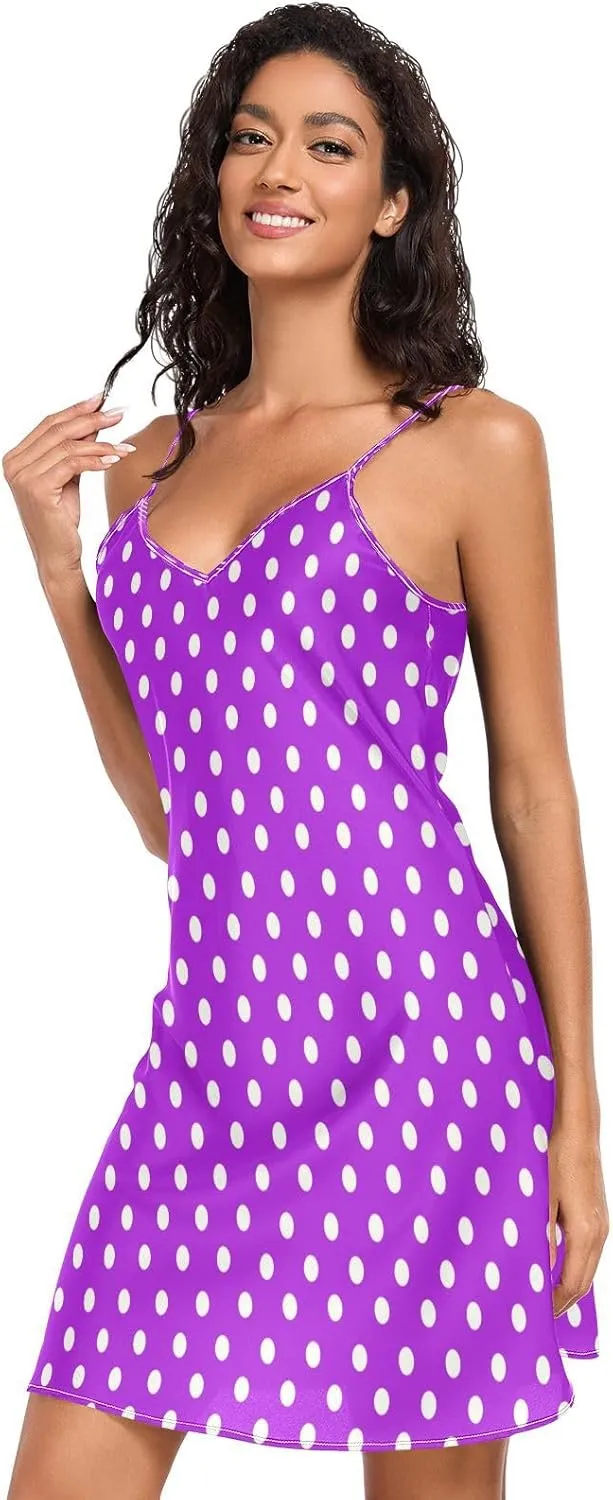 Purple Polka Dots Women's Satin Slip Dress, V Neck Sleeveless Night Shirts for Women, Small