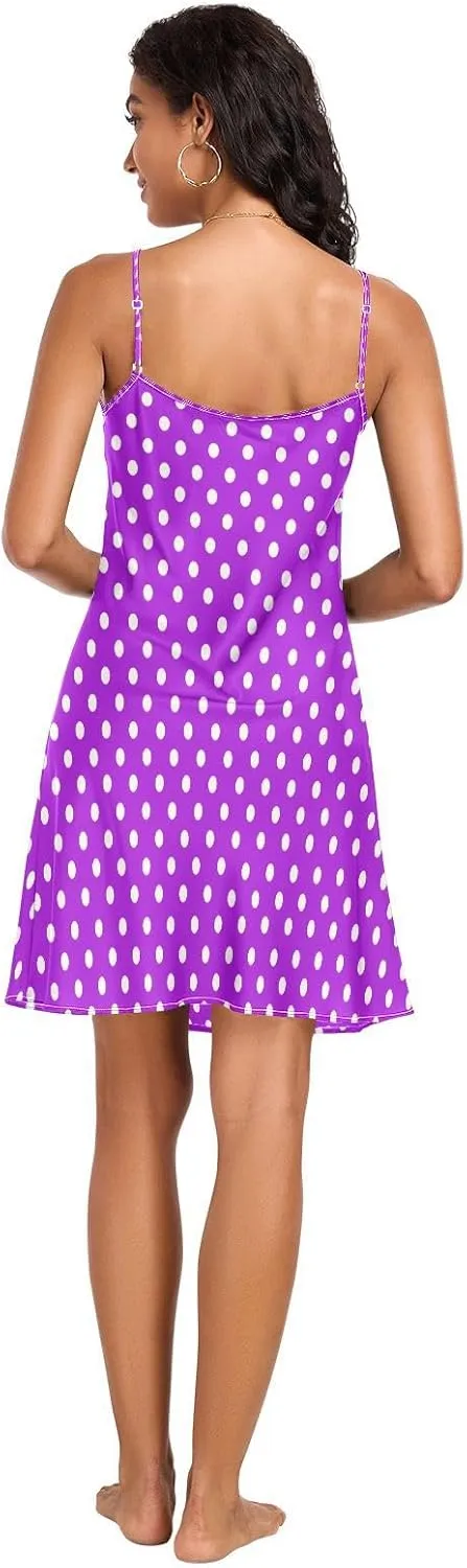 Purple Polka Dots Women's Satin Slip Dress, V Neck Sleeveless Night Shirts for Women, Small
