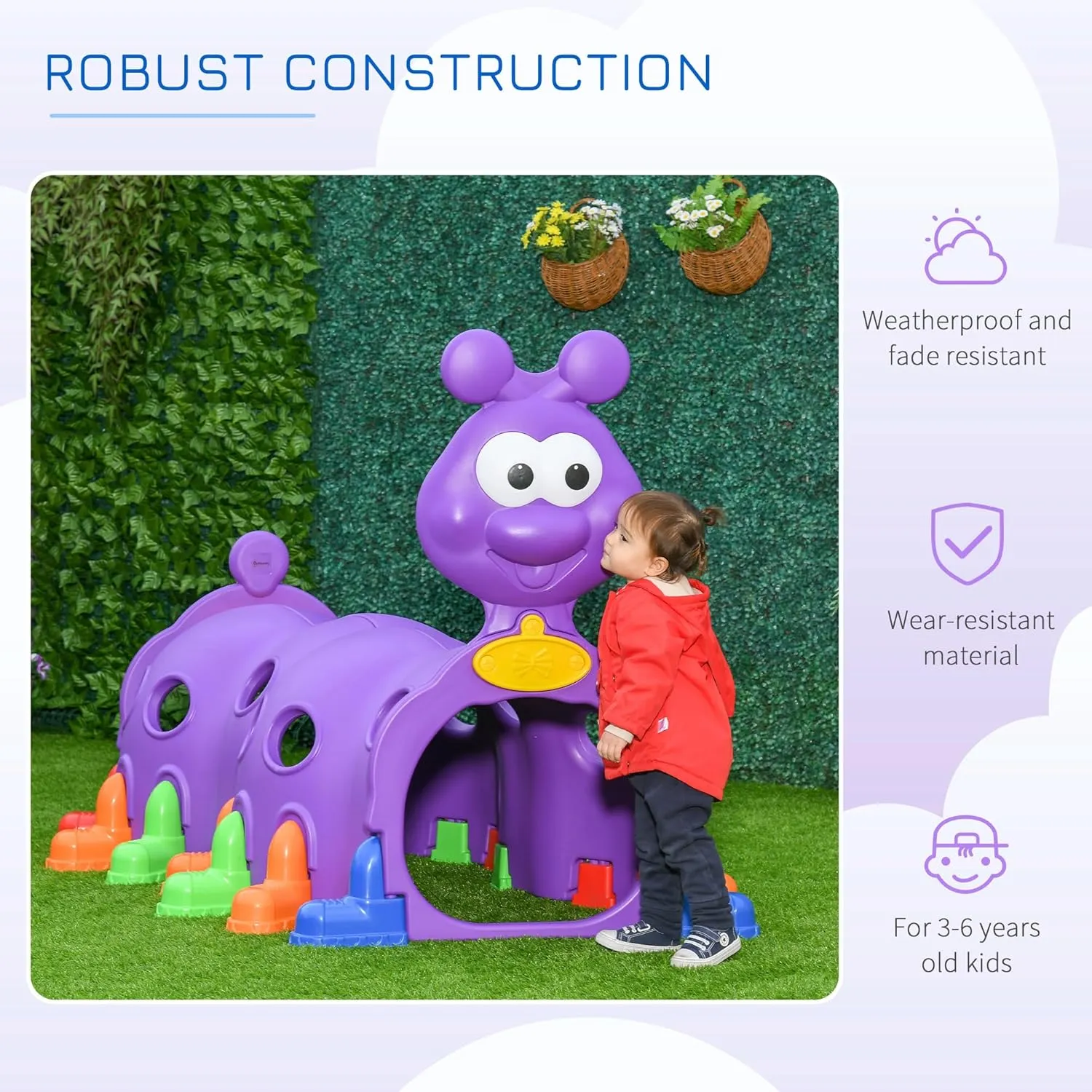 Qaba Caterpillar Kids Play Tunnel, Toddler Tunnel for Kids 3-6 to Crawl and Climb Through, Toddler Play Equipment for Indoor or Outdoor Playground, 2 Sections, Purple