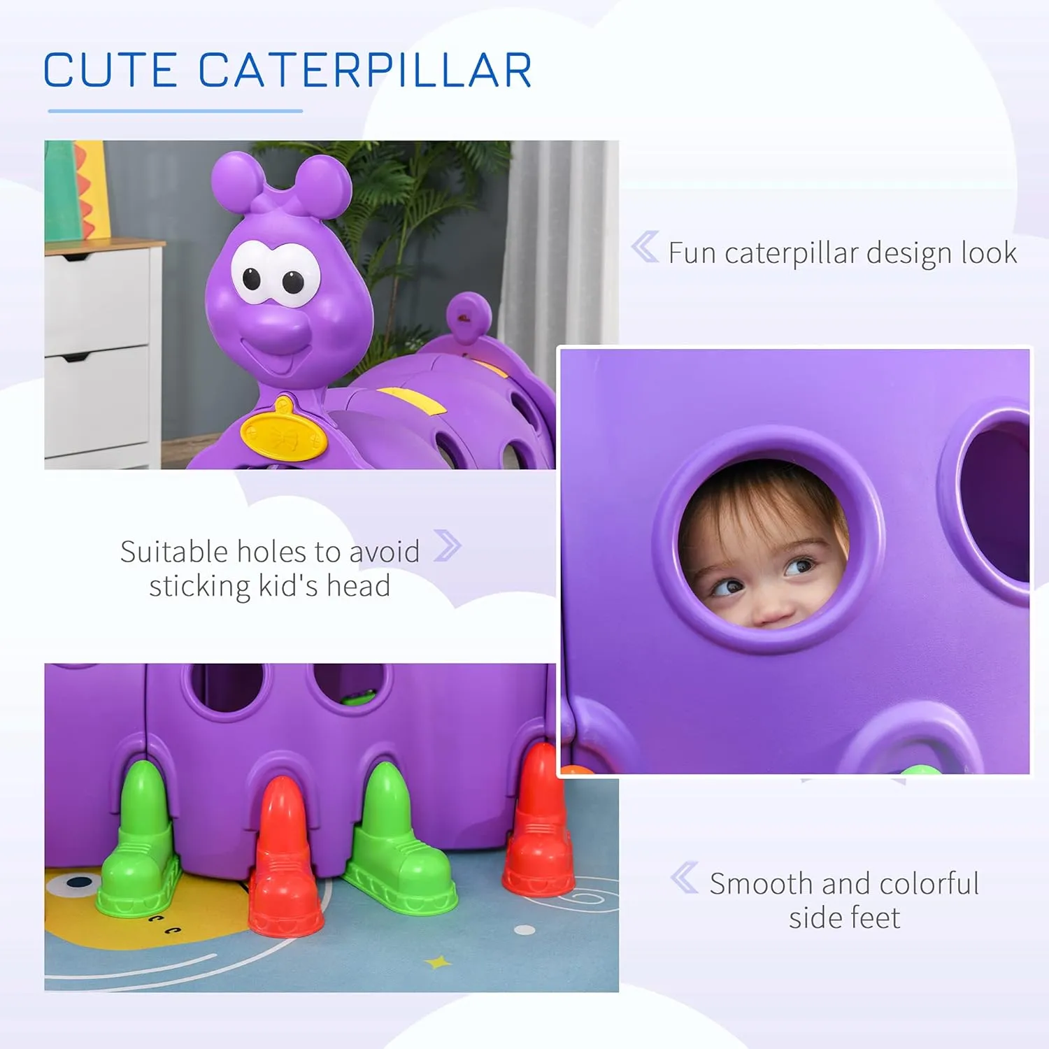 Qaba Caterpillar Kids Play Tunnel, Toddler Tunnel for Kids 3-6 to Crawl and Climb Through, Toddler Play Equipment for Indoor or Outdoor Playground, 2 Sections, Purple