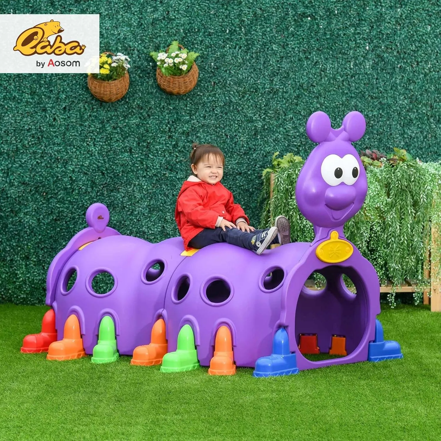 Qaba Caterpillar Kids Play Tunnel, Toddler Tunnel for Kids 3-6 to Crawl and Climb Through, Toddler Play Equipment for Indoor or Outdoor Playground, 2 Sections, Purple