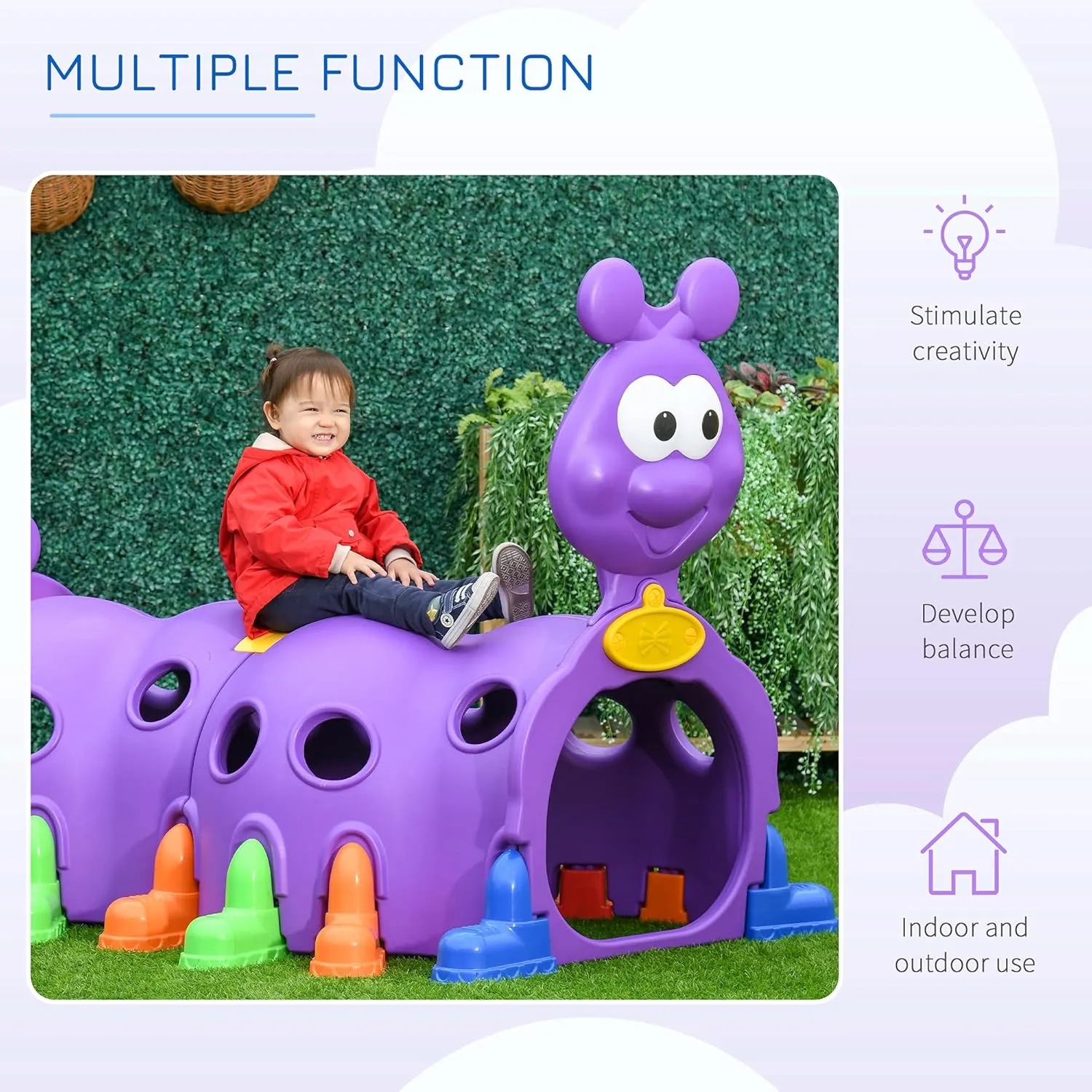 Qaba Caterpillar Kids Play Tunnel, Toddler Tunnel for Kids 3-6 to Crawl and Climb Through, Toddler Play Equipment for Indoor or Outdoor Playground, 2 Sections, Purple