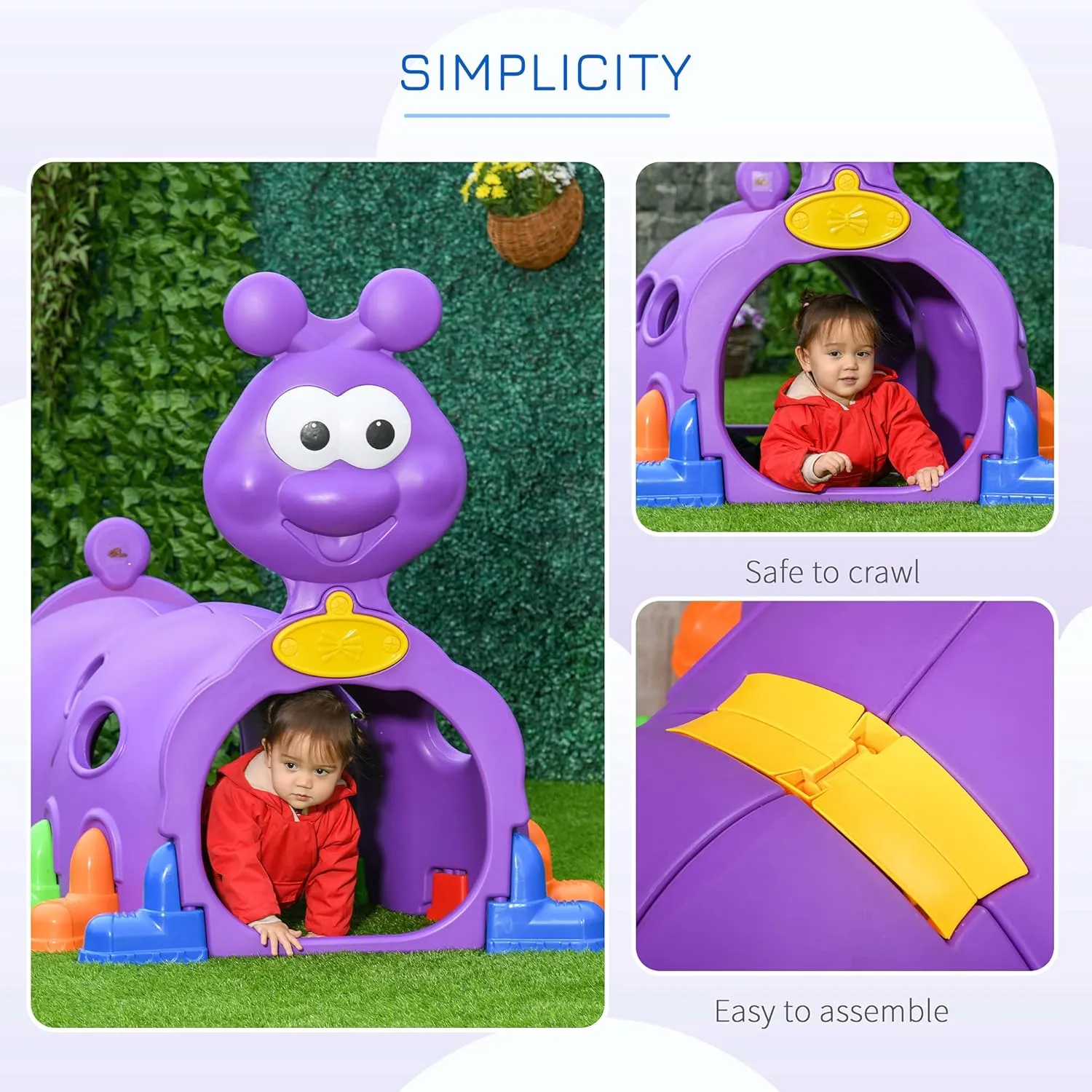 Qaba Caterpillar Kids Play Tunnel, Toddler Tunnel for Kids 3-6 to Crawl and Climb Through, Toddler Play Equipment for Indoor or Outdoor Playground, 2 Sections, Purple