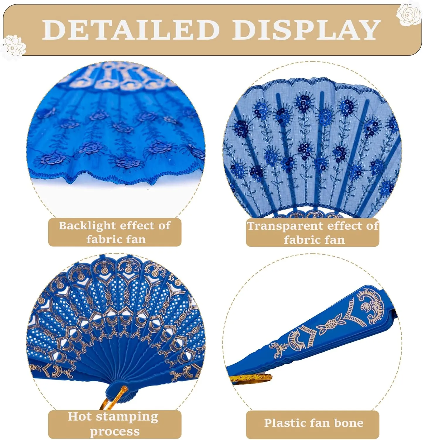 QIRMIZI 8 Pcs Handheld Spanish Fans – Foldable Fans for Women – Bulk for Parties, Weddings, Church, Dancing, Music Festivals, Carnivals, EDM Events Decoration,Royal Blue