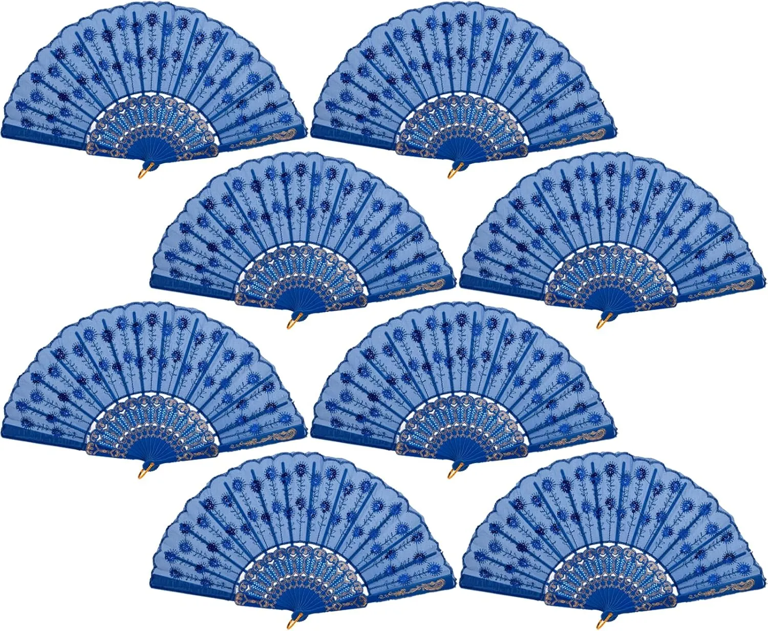 QIRMIZI 8 Pcs Handheld Spanish Fans – Foldable Fans for Women – Bulk for Parties, Weddings, Church, Dancing, Music Festivals, Carnivals, EDM Events Decoration,Royal Blue