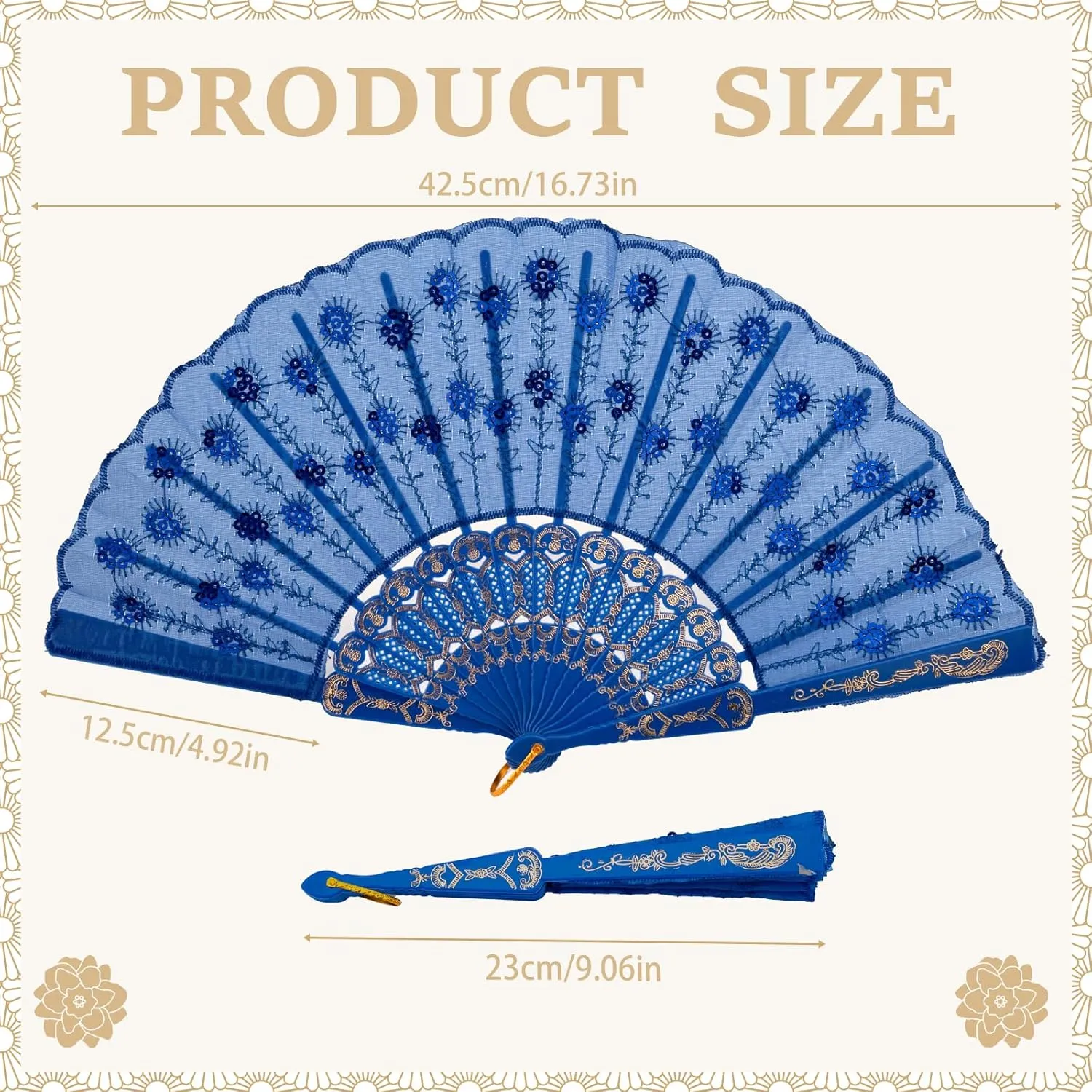 QIRMIZI 8 Pcs Handheld Spanish Fans – Foldable Fans for Women – Bulk for Parties, Weddings, Church, Dancing, Music Festivals, Carnivals, EDM Events Decoration,Royal Blue