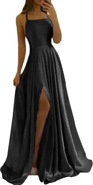 Raboolion Women's Spaghetti Straps Satin Prom Dresses Halter Backless Side Slit Bridesmaid Wedding Gowns Maxi Dress
