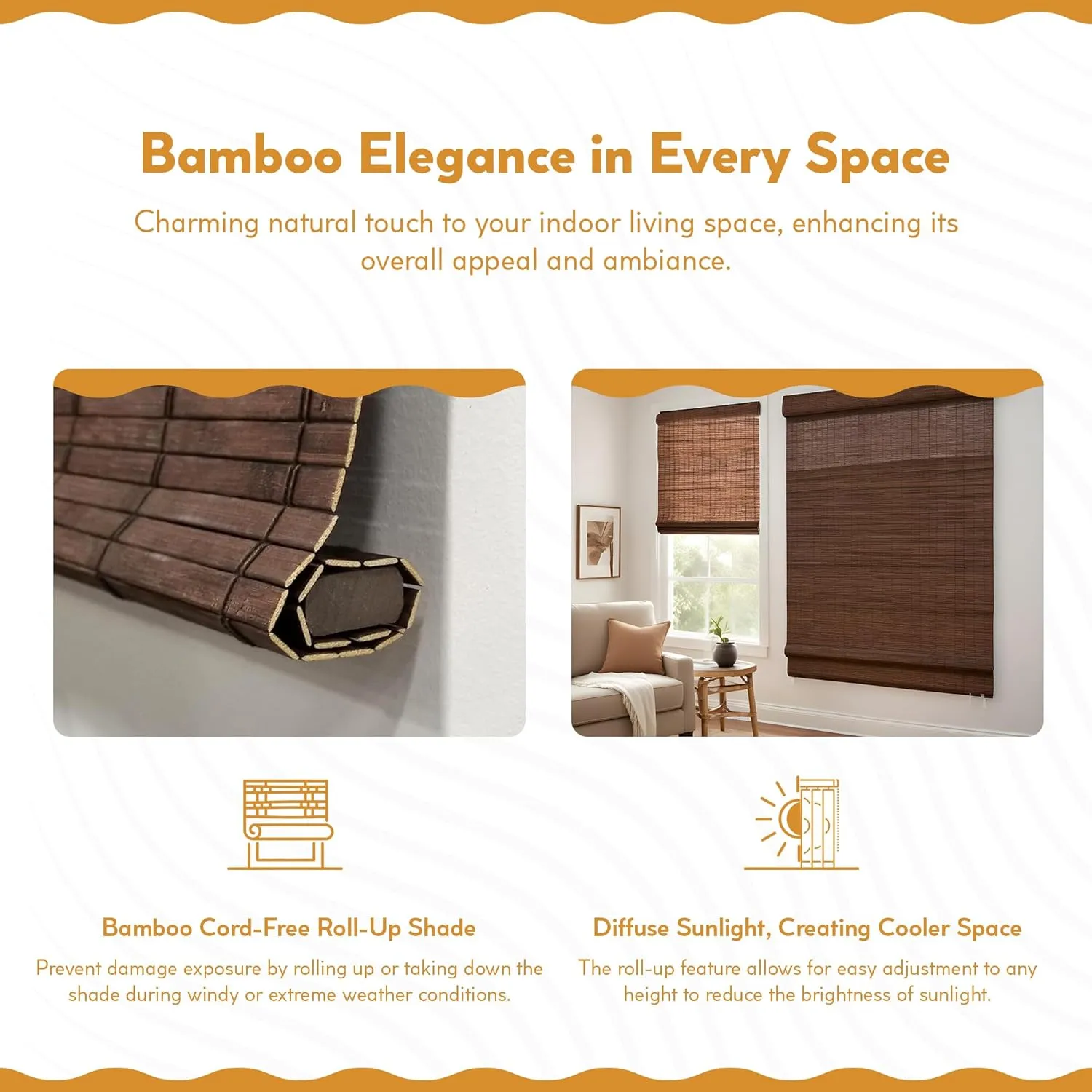 Radiance Cordless Bamboo Blinds - Flatstick Bamboo Roman Shades for Windows - Inside Mount Bamboo Blinds for Home & Offices - Indoor Roman Window Shades - Cocoa - 35 in. W x 64 in. L - 2216312E
