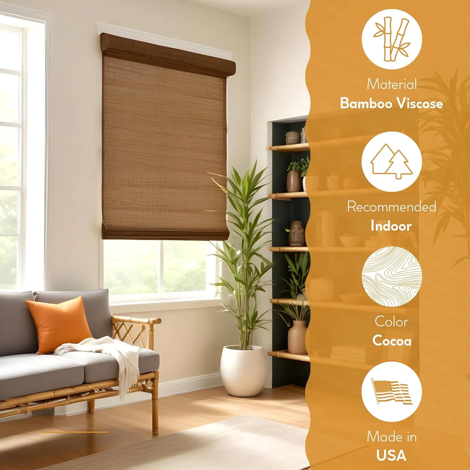 Radiance Cordless Bamboo Blinds - Flatstick Bamboo Roman Shades for Windows - Inside Mount Bamboo Blinds for Home & Offices - Indoor Roman Window Shades - Cocoa - 35 in. W x 64 in. L - 2216312E