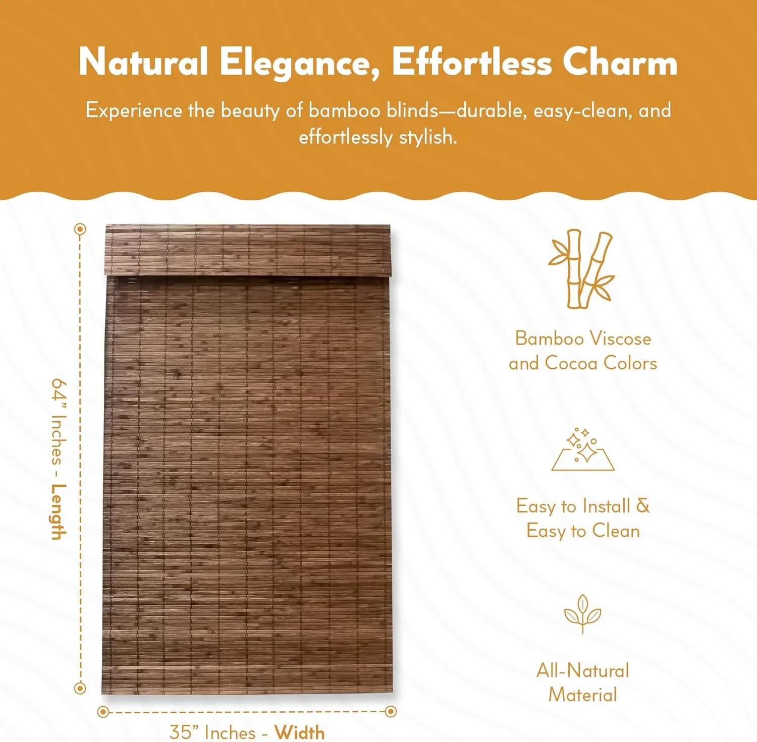 Radiance Cordless Bamboo Blinds - Flatstick Bamboo Roman Shades for Windows - Inside Mount Bamboo Blinds for Home & Offices - Indoor Roman Window Shades - Cocoa - 35 in. W x 64 in. L - 2216312E