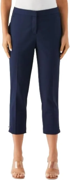 Rafaella Women's 24" Satin Twill Capri with Grommets, Stretch Fabric, Elastic Waistband, Curvy Slim Fit Dress Pants
