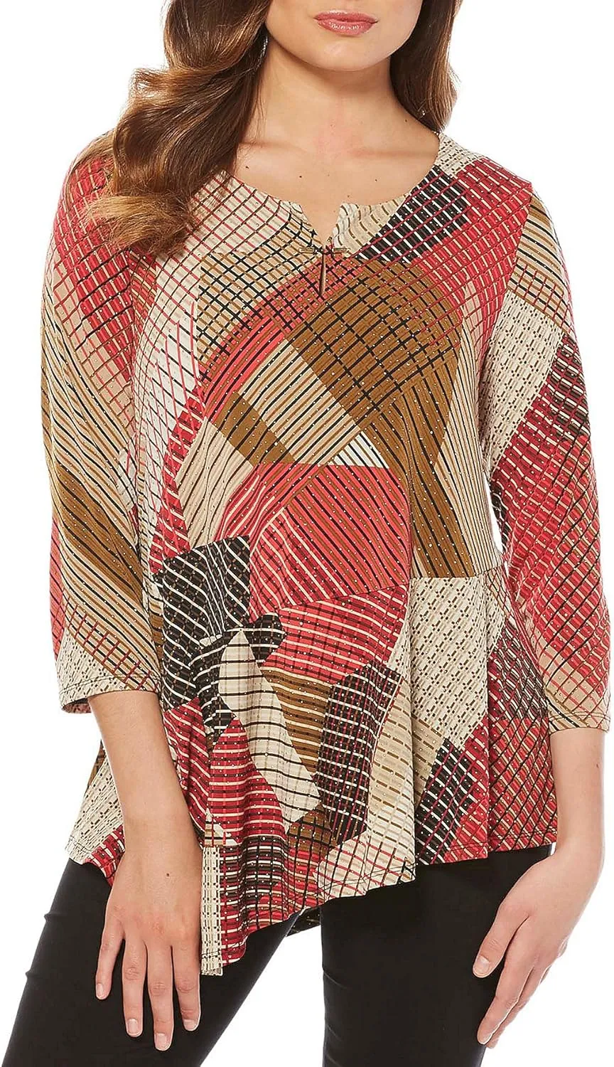 Rafaella Women's Missy Striped Asymmetrical Tunic, Spanish red, S