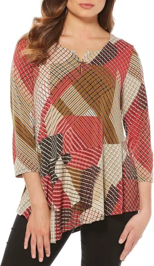 Rafaella Women's Missy Striped Asymmetrical Tunic, Spanish red, S
