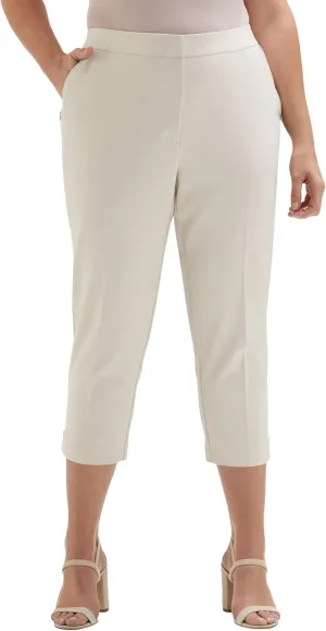 Rafaella Women's Plus Size Satin Twill Capri Pants with Grommets, Elastic Waistband, Stretch Fabric, Slimming, Curvy Fit