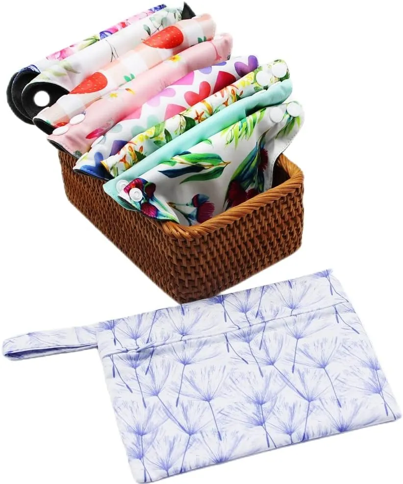 Random Prints Adjustable Snaps Reusable Menstrual Pads - 9 pcs Three Size Cloth Sanitary Pads with 1 Bag