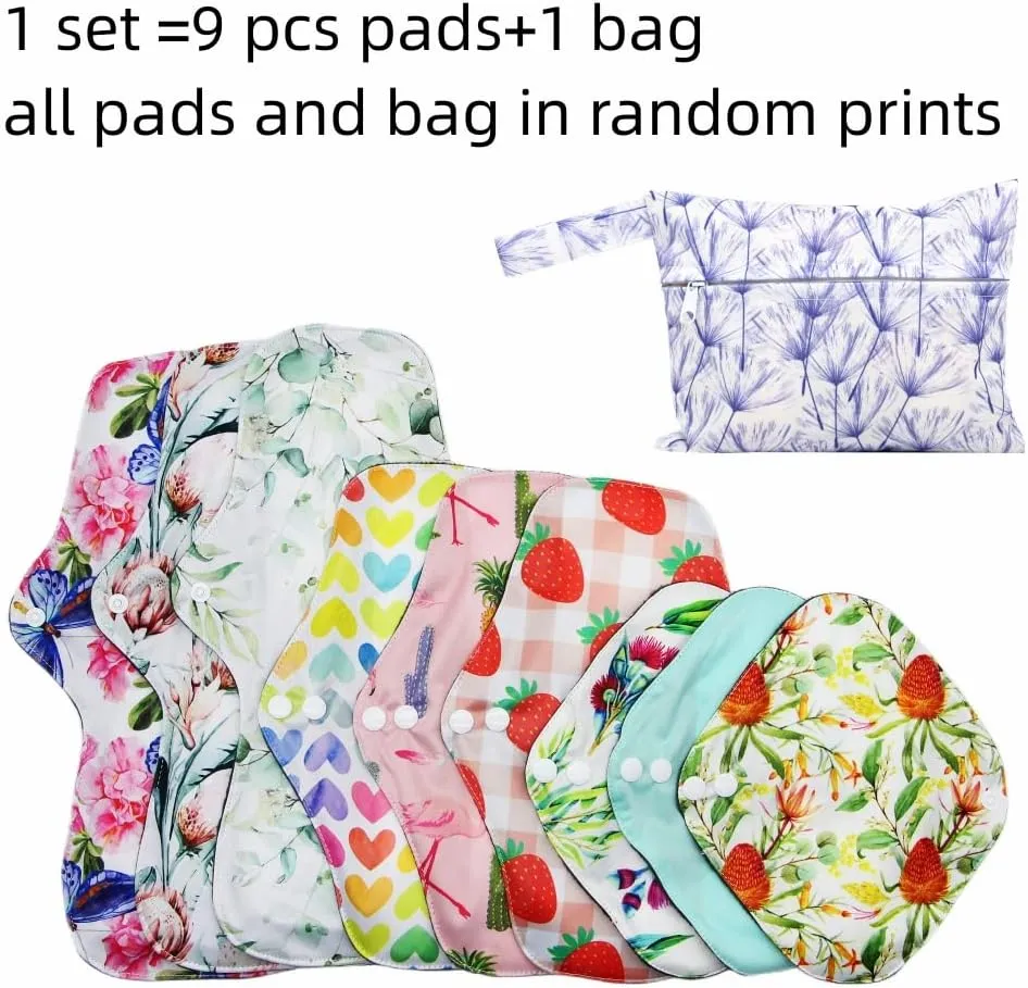 Random Prints Adjustable Snaps Reusable Menstrual Pads - 9 pcs Three Size Cloth Sanitary Pads with 1 Bag
